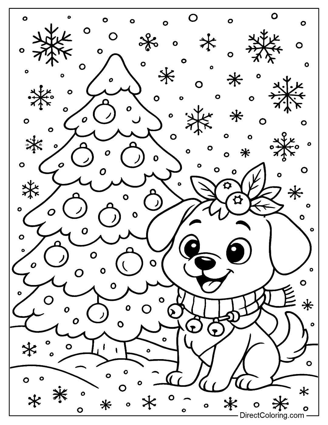 A Dog with Christmas Tree Coloring for Kids